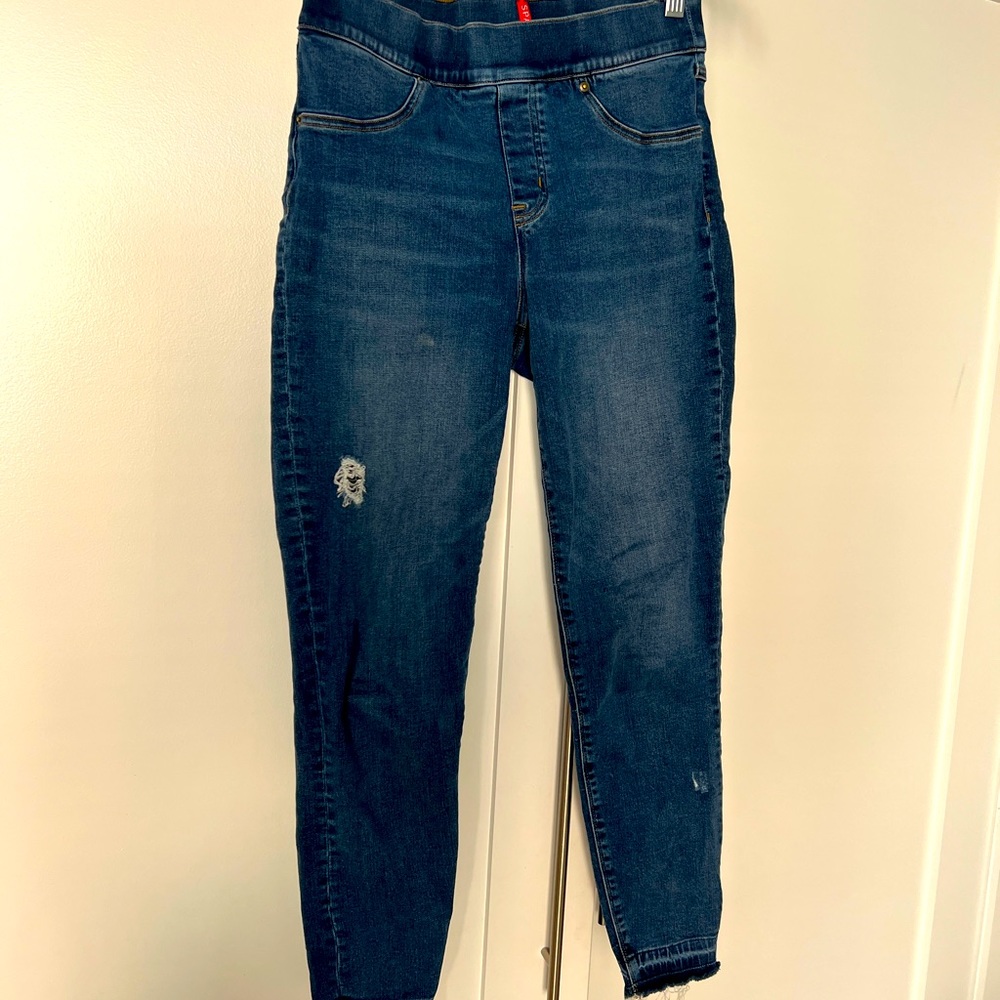 Spanx jeans - dark, distressed, ankle cutoff. Medium